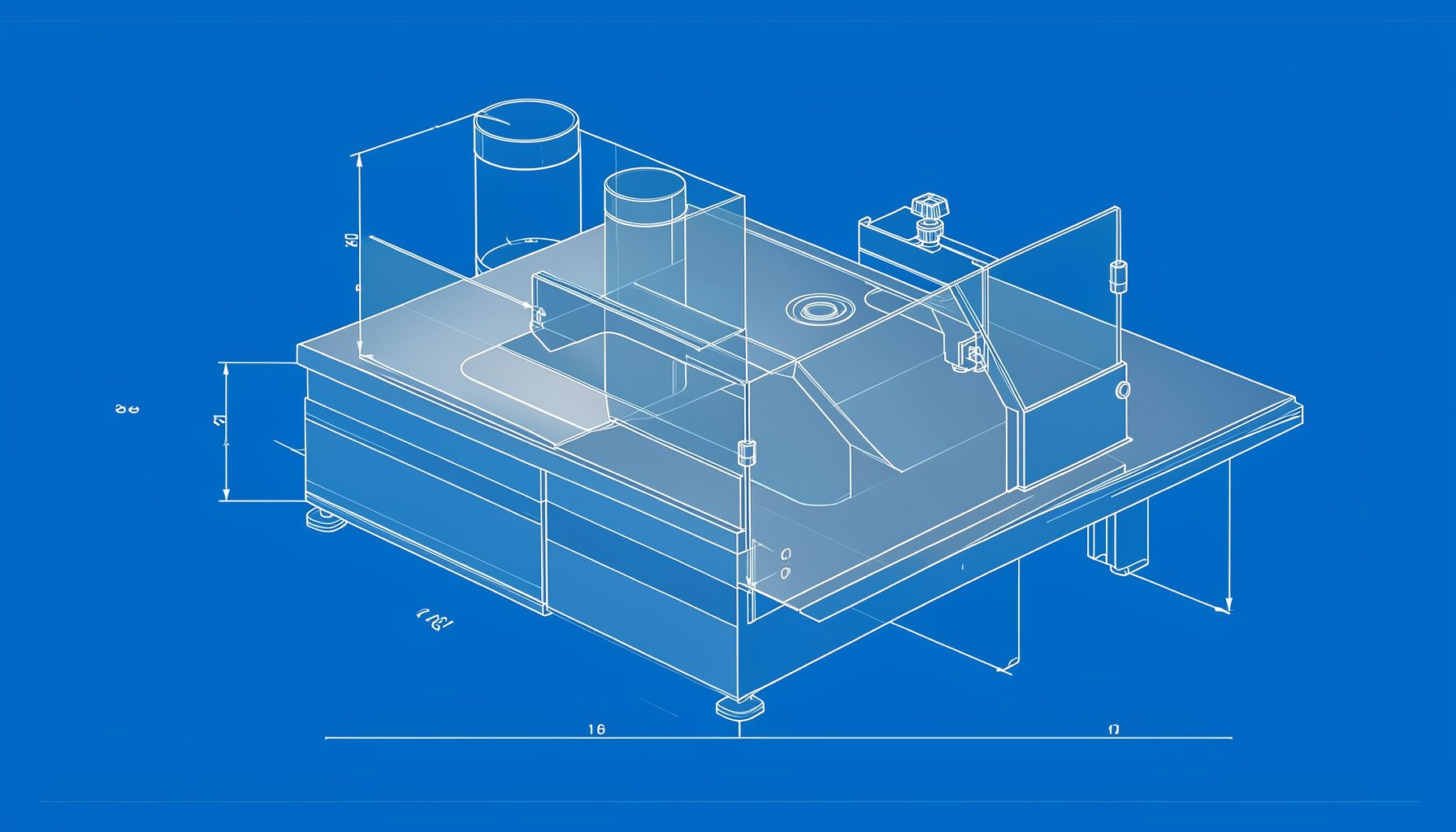 Technical blueprint drawing of a benchtop laboratory instrument with clean metallic surfaces and subtle blue-gray tones